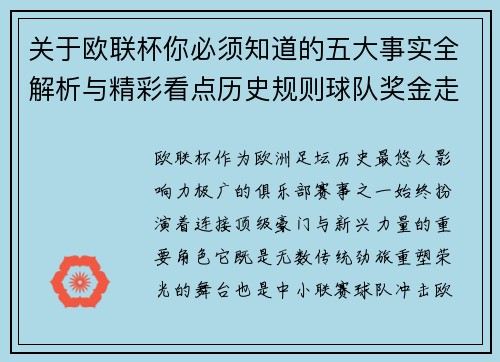 关于欧联杯你必须知道的五大事实全解析与精彩看点历史规则球队奖金走势 关于欧联杯你必须知道的五大事实全解析与精彩看点历史规则球队奖金走势